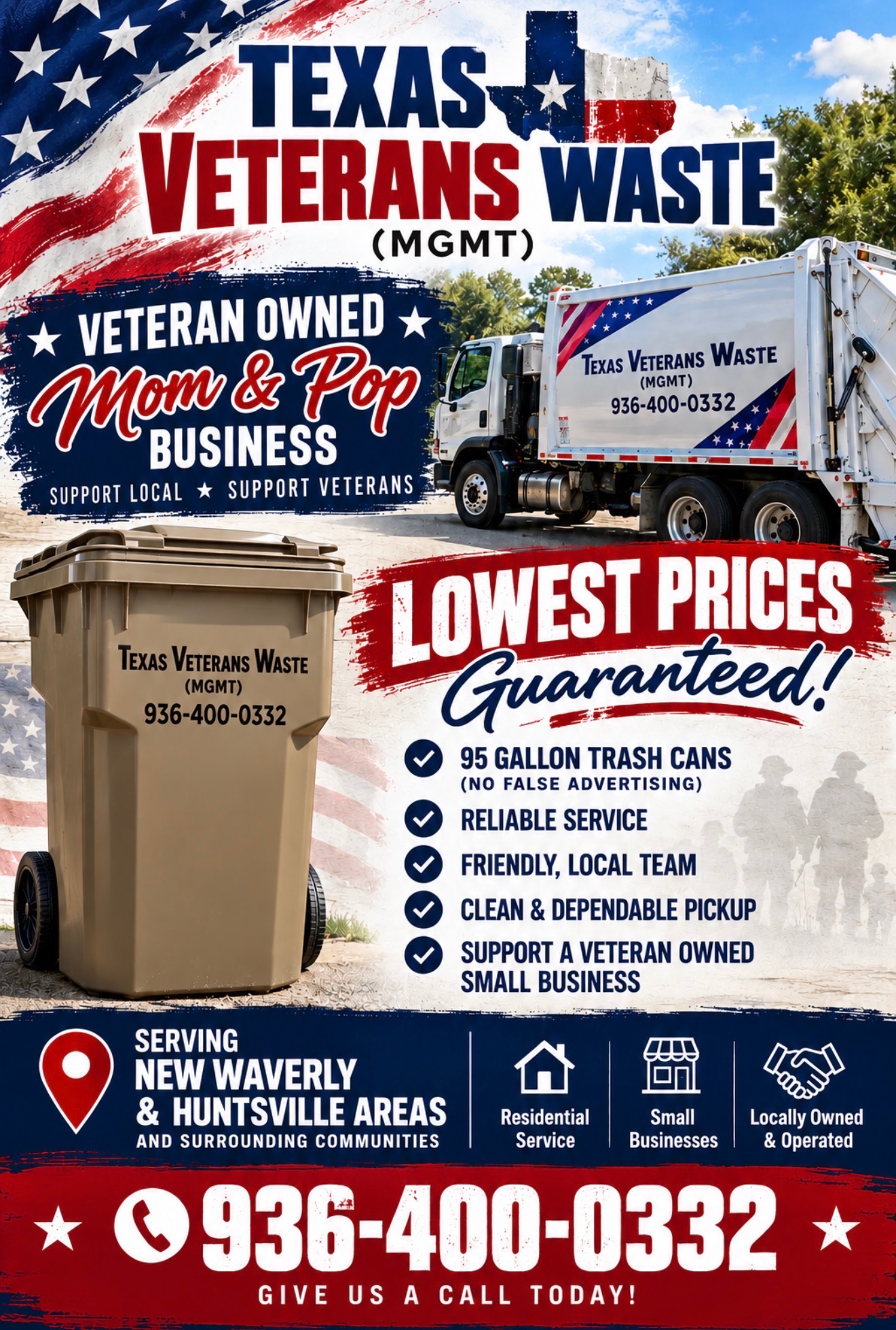 Texas Veterans Waste patriotic advertisement with service details and phone number