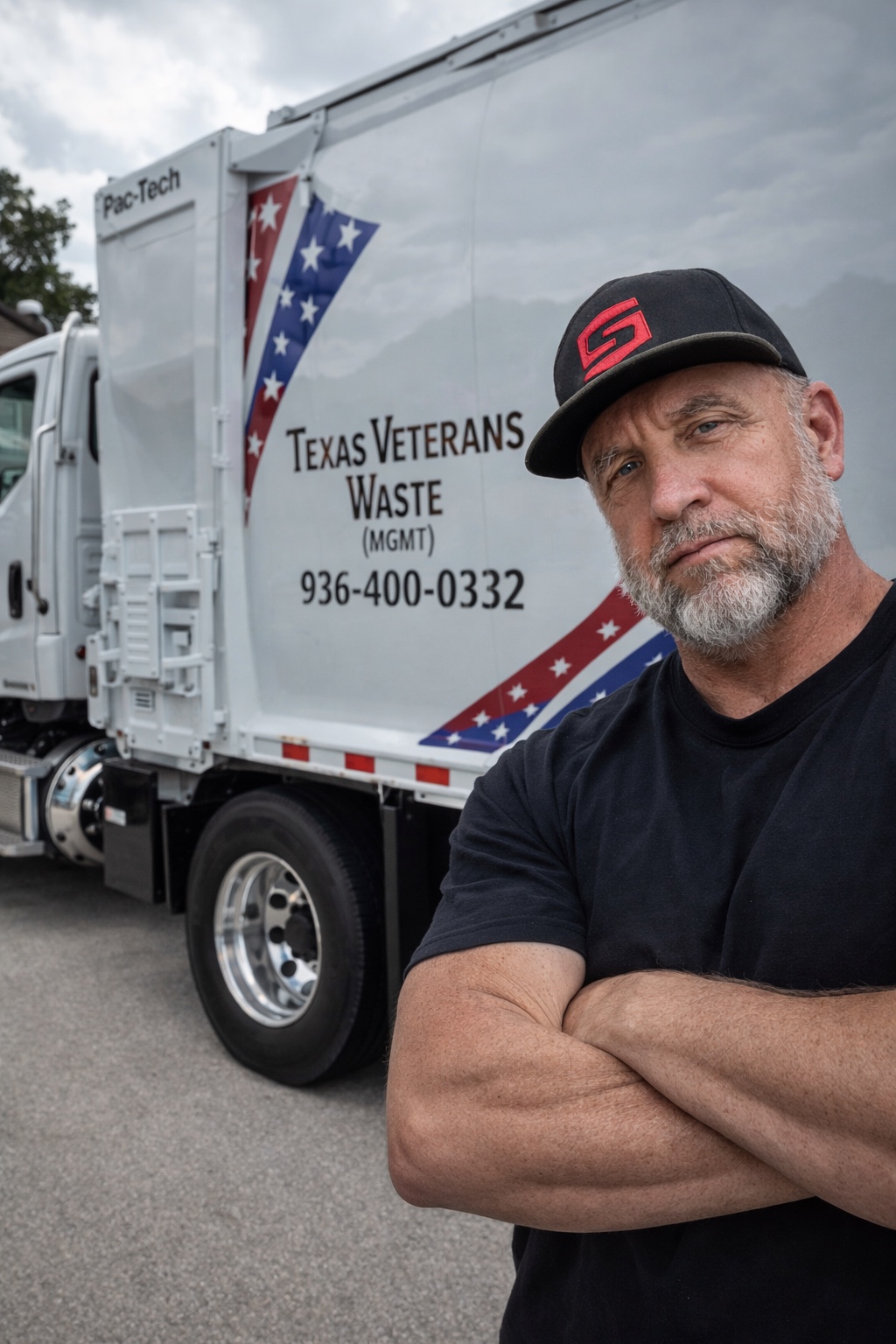 Texas Veterans Waste owner standing in front of the company truck